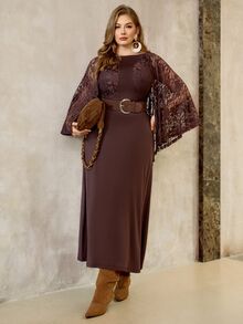 Roveilla Plus Size Women Dark Color Slimming Lace Back Drape Elegant Romantic Lady Party Wedding Formal Cocktail Banquet Dress Chocolate Brown Brown Summer - Brown - View 6
