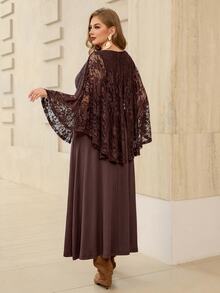 Roveilla Plus Size Women Dark Color Slimming Lace Back Drape Elegant Romantic Lady Party Wedding Formal Cocktail Banquet Dress Chocolate Brown Brown Summer - Brown - View 2