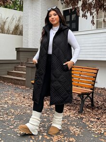 SHEIN EZwear Plus Size Women Solid Color Casual Versatile Winter Hooded Padded Coat - Black - View 7