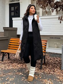 SHEIN EZwear Plus Size Women Solid Color Casual Versatile Winter Hooded Padded Coat - Black - View 3