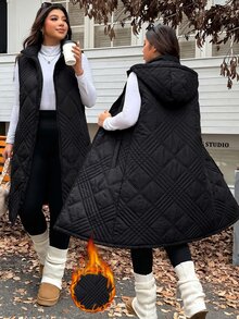 SHEIN EZwear Plus Size Women Solid Color Casual Versatile Winter Hooded Padded Coat - Black - View 2
