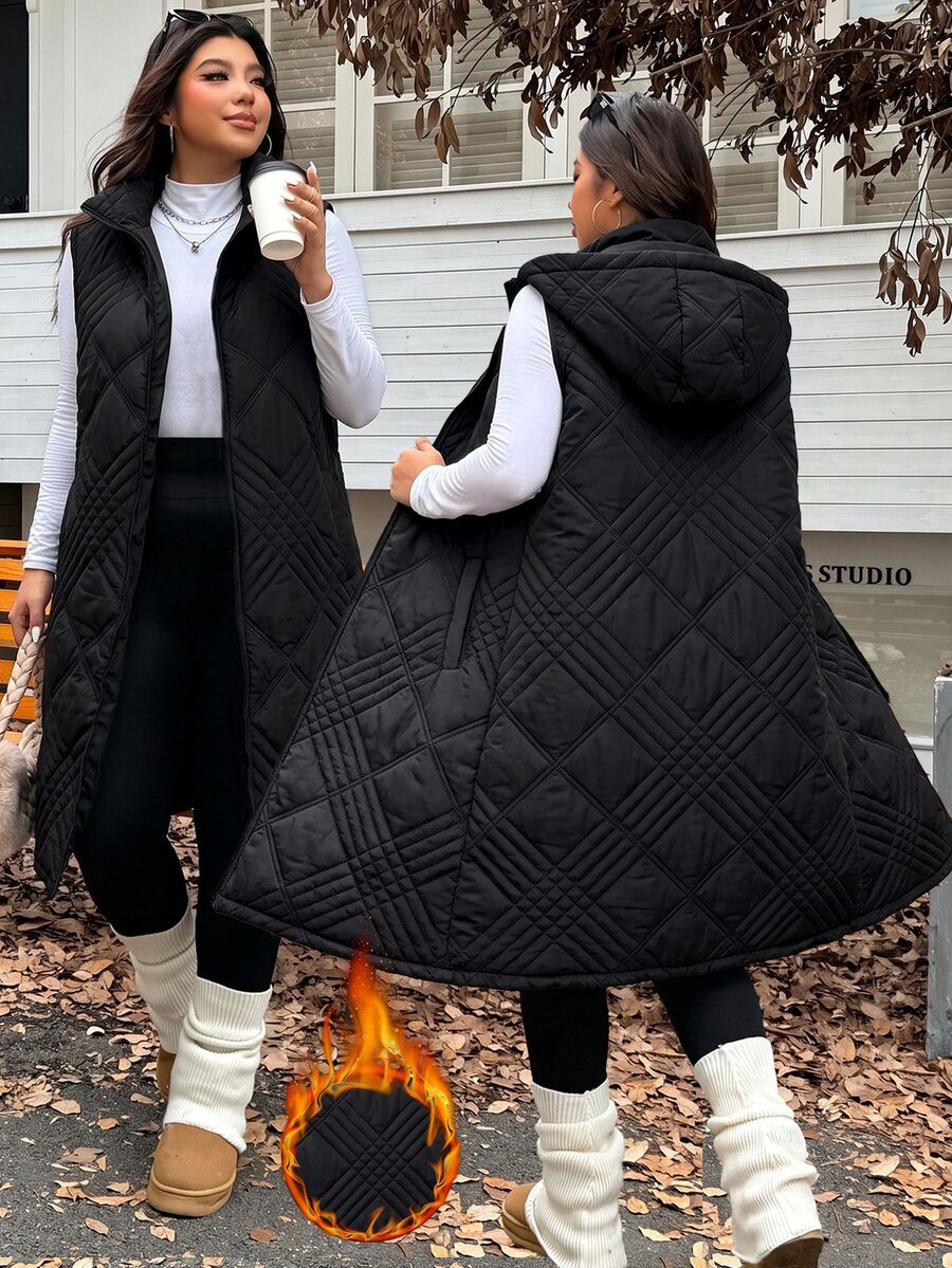 SHEIN EZwear Plus Size Women Solid Color Casual Versatile Winter Hooded Padded Coat