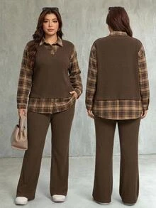 SHEIN LUNE طقم نسائي مقاس كبير من قطعتين، ملابس علوية بأكمام طويلة بتصميم مرقع 2 في 1 وبنطال كاجوال للارتداء اليومي في فصل الخريف - قهوة بني - مشاهدة 1