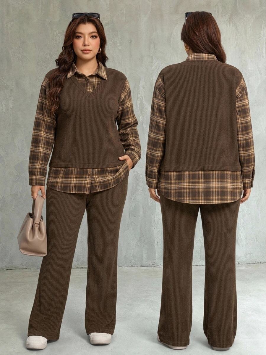 SHEIN LUNE طقم نسائي مقاس كبير من قطعتين، ملابس علوية بأكمام طويلة بتصميم مرقع 2 في 1 وبنطال كاجوال للارتداء اليومي في فصل الخريف - قهوة بني - مشاهدة 1