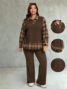 SHEIN LUNE طقم نسائي مقاس كبير من قطعتين، ملابس علوية بأكمام طويلة بتصميم مرقع 2 في 1 وبنطال كاجوال للارتداء اليومي في فصل الخريف - قهوة بني - مشاهدة 8
