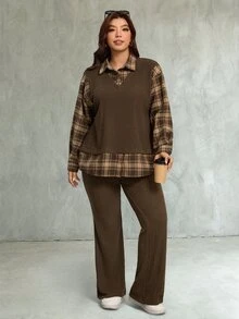 SHEIN LUNE طقم نسائي مقاس كبير من قطعتين، ملابس علوية بأكمام طويلة بتصميم مرقع 2 في 1 وبنطال كاجوال للارتداء اليومي في فصل الخريف - قهوة بني - مشاهدة 5