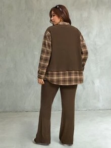 SHEIN LUNE طقم نسائي مقاس كبير من قطعتين، ملابس علوية بأكمام طويلة بتصميم مرقع 2 في 1 وبنطال كاجوال للارتداء اليومي في فصل الخريف - قهوة بني - مشاهدة 9