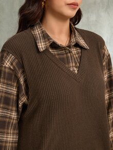SHEIN LUNE طقم نسائي مقاس كبير من قطعتين، ملابس علوية بأكمام طويلة بتصميم مرقع 2 في 1 وبنطال كاجوال للارتداء اليومي في فصل الخريف - قهوة بني - مشاهدة 6
