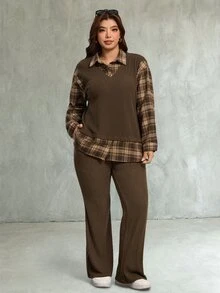 SHEIN LUNE طقم نسائي مقاس كبير من قطعتين، ملابس علوية بأكمام طويلة بتصميم مرقع 2 في 1 وبنطال كاجوال للارتداء اليومي في فصل الخريف - قهوة بني - مشاهدة 4