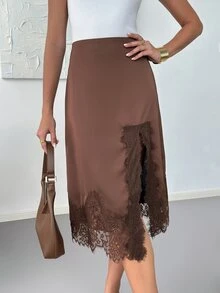 SHEIN Clasi Women's Elegant Lace Patchwork Split Design Casual Romantic Versatile Daily Skirt Date Night Dark Brown Summer/Autumn/Winter - Coffee Brown - View 2