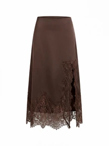 SHEIN Clasi Women's Elegant Lace Patchwork Split Design Casual Romantic Versatile Daily Skirt Date Night Dark Brown Summer/Autumn/Winter - Coffee Brown - View 1