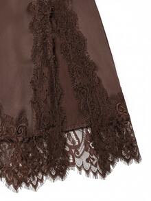 SHEIN Clasi Women's Elegant Lace Patchwork Split Design Casual Romantic Versatile Daily Skirt Date Night Dark Brown Summer/Autumn/Winter - Coffee Brown - View 5
