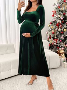 SHEIN Maternity Fashion Square Neck Pleated Long Sleeve Dress For Evening Party Fall - Green - View 3
