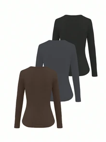 INAWLY 3件組女款純色休閒百搭長袖圓領T恤居家服 秋季 棕色 灰色 黑色 - 彩色 - 查看 2
