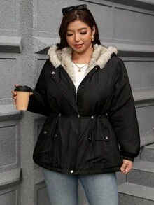 SHEIN Clasi Women Plus Size Patchwork Faux Fur Hooded Cinched Waist Padded Coat Winter - Black - View 7