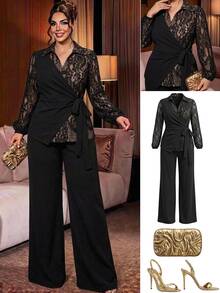 SHEIN LUNE Plus Size Sexy Lace Tie-Up Top And Loose Long Pants 2 Pieces Set Fall - Black - View 7