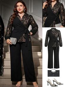 SHEIN LUNE Plus Size Sexy Lace Tie-Up Top And Loose Long Pants 2 Pieces Set Fall - Black - View 1