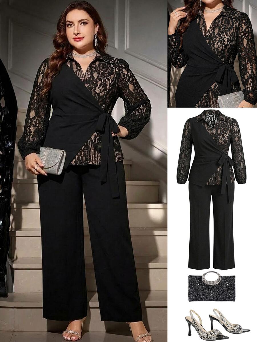 SHEIN LUNE Plus Size Sexy Lace Tie-Up Top And Loose Long Pants 2 Pieces Set Fall - Black - View 1
