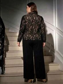 SHEIN LUNE Plus Size Sexy Lace Tie-Up Top And Loose Long Pants 2 Pieces Set Fall - Black - View 8