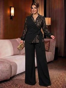 SHEIN LUNE Plus Size Sexy Lace Tie-Up Top And Loose Long Pants 2 Pieces Set Fall - Black - View 2