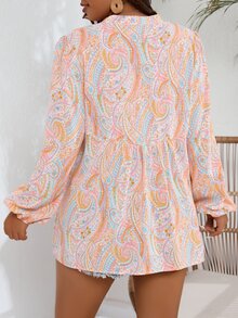 Linhara CURVE 加大码孔雀图案印花系带灯笼袖衬衫荷叶边上衣女式秋季服装 - 彩色 - 查看 2