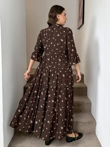 Easowa Curve Plus Size Women's Ditsy Floral V-Neck 3/4 Sleeve Ruffle Hem Dress Autumn Brunch Party Boho 1960s - Coffee Brown - View 4