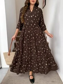 Easowa Curve Plus Size Women's Ditsy Floral V-Neck 3/4 Sleeve Ruffle Hem Dress Autumn Brunch Party Boho 1960s - Coffee Brown - View 2