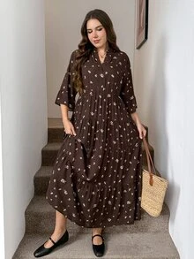 Easowa Curve Plus Size Women's Ditsy Floral V-Neck 3/4 Sleeve Ruffle Hem Dress Autumn Brunch Party Boho 1960s - Coffee Brown - View 5