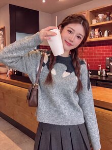 Comfortcana Women's Cute Casual Korean Style Cat Jacquard Long Sleeve Sweater Everyday School Grey Fall - Grey - View 7