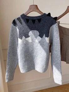 Comfortcana Women's Cute Casual Korean Style Cat Jacquard Long Sleeve Sweater Everyday School Grey Fall - Grey - View 2