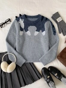 Comfortcana Women's Cute Casual Korean Style Cat Jacquard Long Sleeve Sweater Everyday School Grey Fall - Grey - View 1
