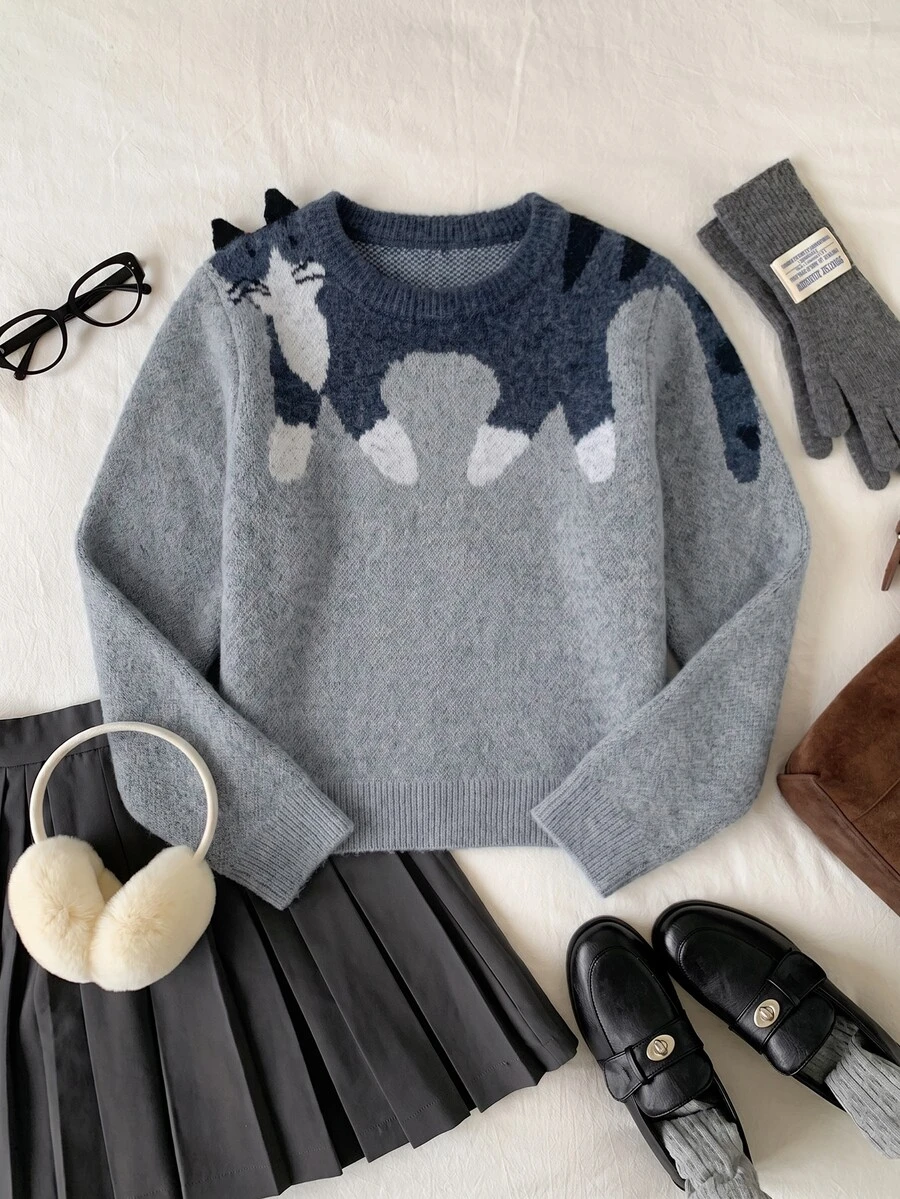 Comfortcana Women's Cute Casual Korean Style Cat Jacquard Long Sleeve Sweater Everyday School Grey Fall - Grey - View 1