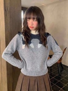 Comfortcana Women's Cute Casual Korean Style Cat Jacquard Long Sleeve Sweater Everyday School Grey Fall - Grey - View 8