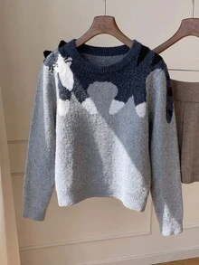 Comfortcana Women's Cute Casual Korean Style Cat Jacquard Long Sleeve Sweater Everyday School Grey Fall - Grey - View 5