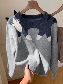 Comfortcana Women's Cute Casual Korean Style Cat Jacquard Long Sleeve Sweater Everyday School Grey Fall - Grey - View 4