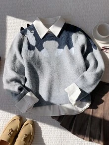 Comfortcana Women's Cute Casual Korean Style Cat Jacquard Long Sleeve Sweater Everyday School Grey Fall - Grey - View 9