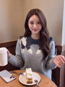 Comfortcana Women's Cute Casual Korean Style Cat Jacquard Long Sleeve Sweater Everyday School Grey Fall - Grey - View 6