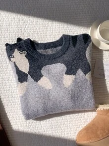 Comfortcana Women's Cute Casual Korean Style Cat Jacquard Long Sleeve Sweater Everyday School Grey Fall - Grey - View 11