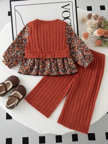 Elladie kids 2件組幼女上衣+長褲套裝，甜美優雅鐵鏽紅花卉羅紋蝴蝶結泡泡袖圓領常規款，秋季公主風節日派對萬聖節穿搭 - 彩色 - 查看 2