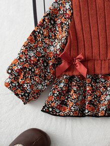Elladie kids 2件組幼女上衣+長褲套裝，甜美優雅鐵鏽紅花卉羅紋蝴蝶結泡泡袖圓領常規款，秋季公主風節日派對萬聖節穿搭 - 彩色 - 查看 6