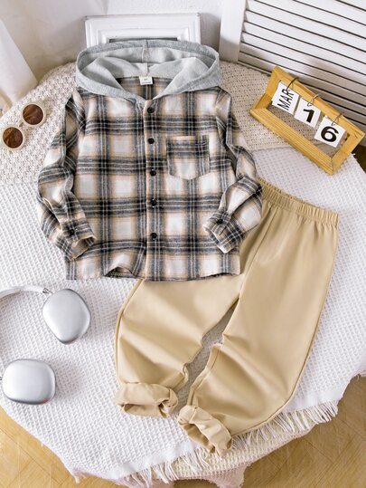 2pcs/Set Young Boy Autumn/Winter Fashion Coffee Plaid Colorblock Grey Hooded Open-Front Pocket Decor Long Sleeve Jacket With Elastic Waist Khaki Solid Long Pants, Suitable For 4Y-7Y Boys Fashion Outfit Outdoor Shopping Photo Taking And Other Activities
