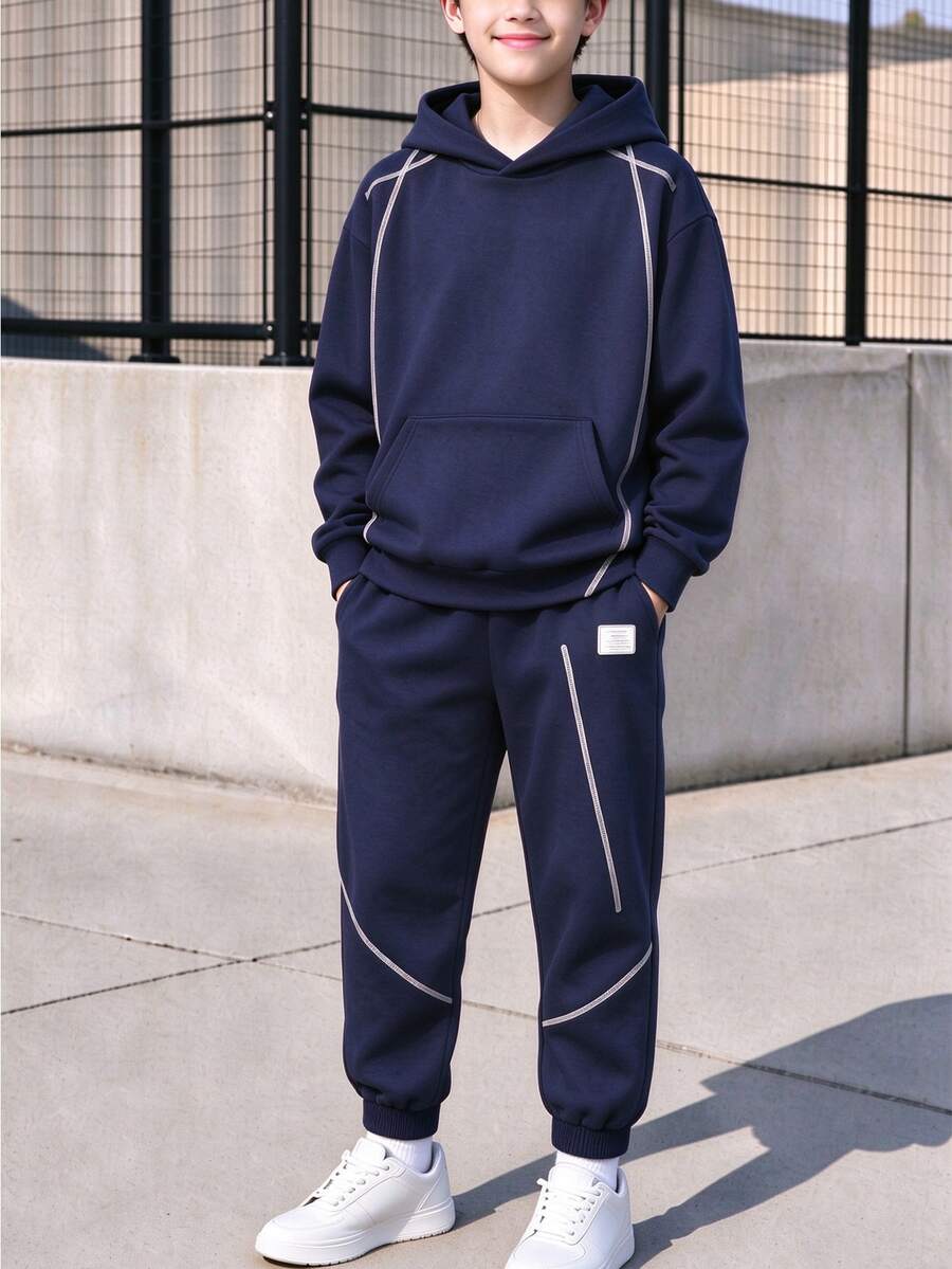 2pcs Boys Teen Sports Casual Cool Comfortable Pullover Hoodie & Long Pants Set, Hasselblad Line Design Accents, Comfortable Fabric, Suitable For Multiple Occasions And Seasons Like Autumn - Navy Blue - View 1