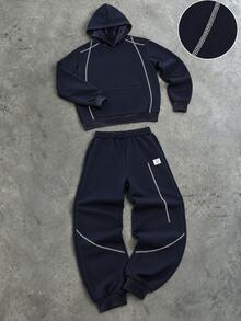 2pcs Boys Teen Sports Casual Cool Comfortable Pullover Hoodie & Long Pants Set, Hasselblad Line Design Accents, Comfortable Fabric, Suitable For Multiple Occasions And Seasons Like Autumn - Navy Blue - View 4