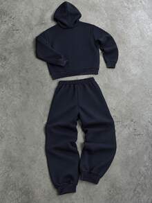 2pcs Boys Teen Sports Casual Cool Comfortable Pullover Hoodie & Long Pants Set, Hasselblad Line Design Accents, Comfortable Fabric, Suitable For Multiple Occasions And Seasons Like Autumn - Navy Blue - View 2