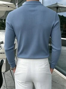 Manfinity Homme 男士素色休閒日常長袖 Polo 衫 - 淺藍色 - 查看 2