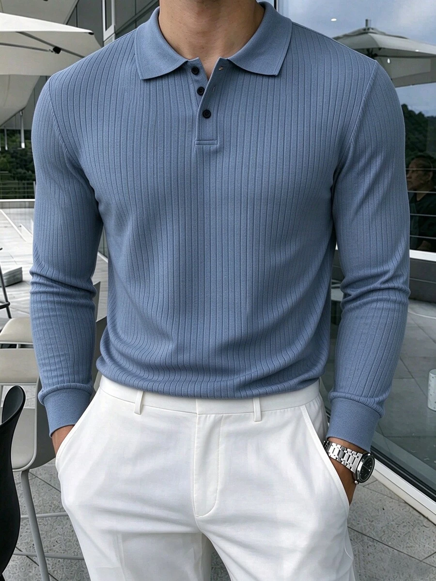 Manfinity Homme 男士素色休閒日常長袖 Polo 衫 - 淺藍色 - 查看 1