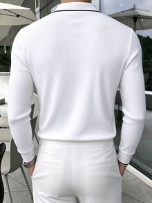 JOLTRO 男士條紋長袖休閒通勤 Polo 衫，正式款 - 白色 - 查看 2