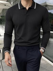 JOLTRO Men's Black Long Sleeve Casual Smart Commute Polo Shirt Office Work Fall - Black - View 4
