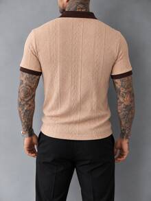 Manfinity Homme 男士復古直條紋針織 Polo 短袖領口休閒上衣，寬鬆復古版型，街頭風海灘日常百搭男裝 - 卡其色 - 查看 2
