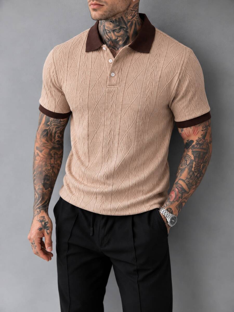 Manfinity Homme 男士復古直條紋針織 Polo 短袖領口休閒上衣,寬鬆復古版型,街頭風海灘日常百搭男裝 - 卡其色 - 查看 1
